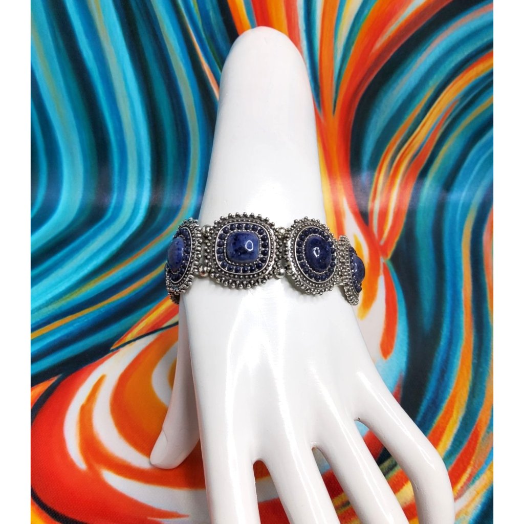 Vintage Victorian Style Silver Tone Lapis Lazuli Stretch Bracelet